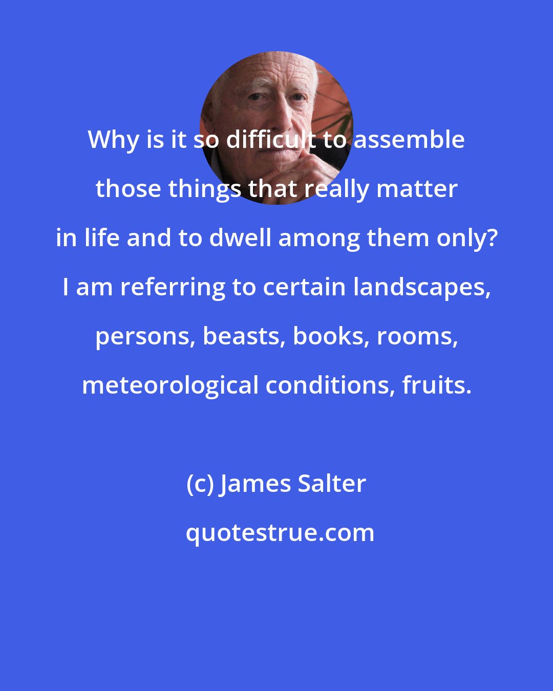 James Salter: Why is it so difficult to assemble those things that really matter in life and to dwell among them only? I am referring to certain landscapes, persons, beasts, books, rooms, meteorological conditions, fruits.