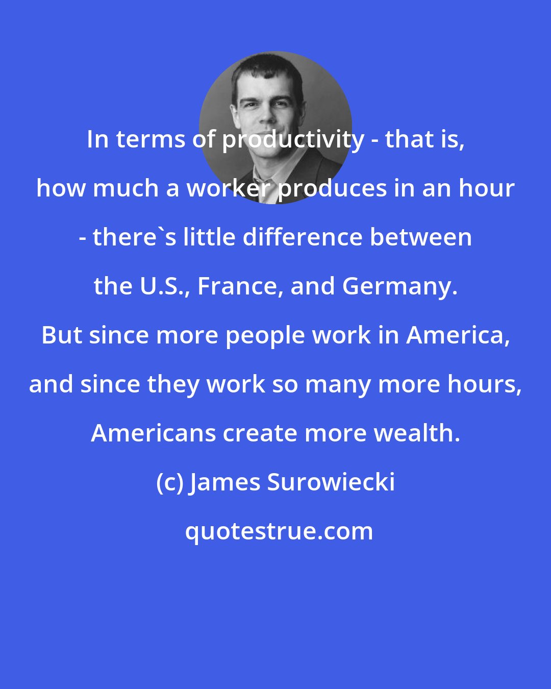 James Surowiecki: In terms of productivity - that is, how much a worker produces in an hour - there's little difference between the U.S., France, and Germany. But since more people work in America, and since they work so many more hours, Americans create more wealth.