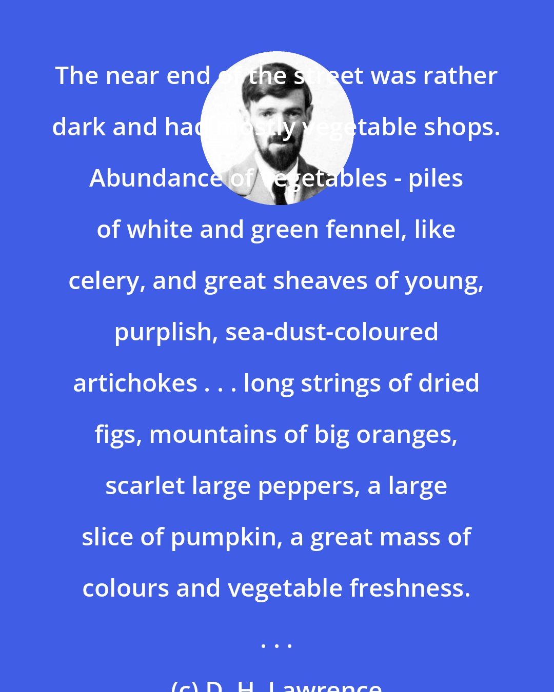 D. H. Lawrence: The near end of the street was rather dark and had mostly vegetable shops. Abundance of vegetables - piles of white and green fennel, like celery, and great sheaves of young, purplish, sea-dust-coloured artichokes . . . long strings of dried figs, mountains of big oranges, scarlet large peppers, a large slice of pumpkin, a great mass of colours and vegetable freshness. . . .