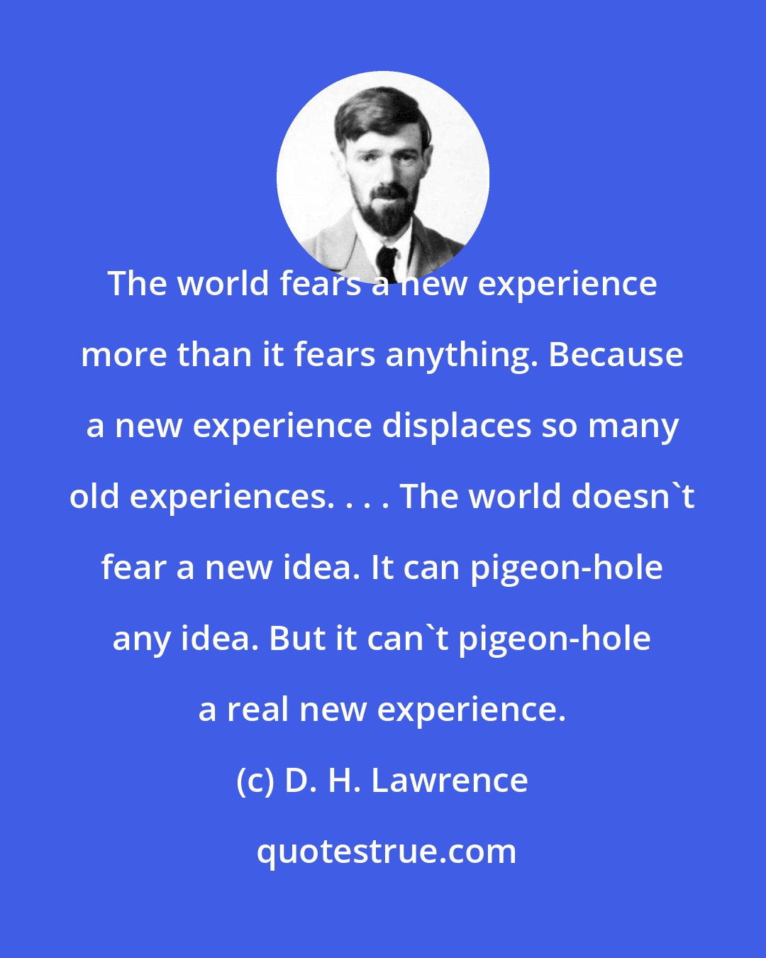 D. H. Lawrence: The world fears a new experience more than it fears anything. Because a new experience displaces so many old experiences. . . . The world doesn't fear a new idea. It can pigeon-hole any idea. But it can't pigeon-hole a real new experience.