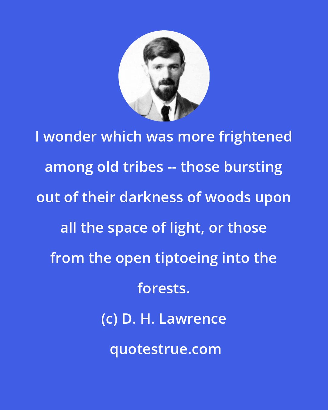 D. H. Lawrence: I wonder which was more frightened among old tribes -- those bursting out of their darkness of woods upon all the space of light, or those from the open tiptoeing into the forests.