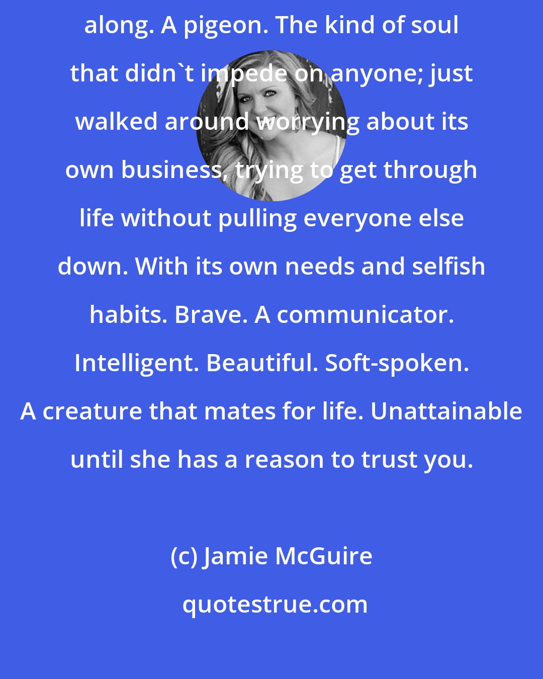 Jamie McGuire: I decided a long time ago I would feed on the vultures until a dove came along. A pigeon. The kind of soul that didn't impede on anyone; just walked around worrying about its own business, trying to get through life without pulling everyone else down. With its own needs and selfish habits. Brave. A communicator. Intelligent. Beautiful. Soft-spoken. A creature that mates for life. Unattainable until she has a reason to trust you.