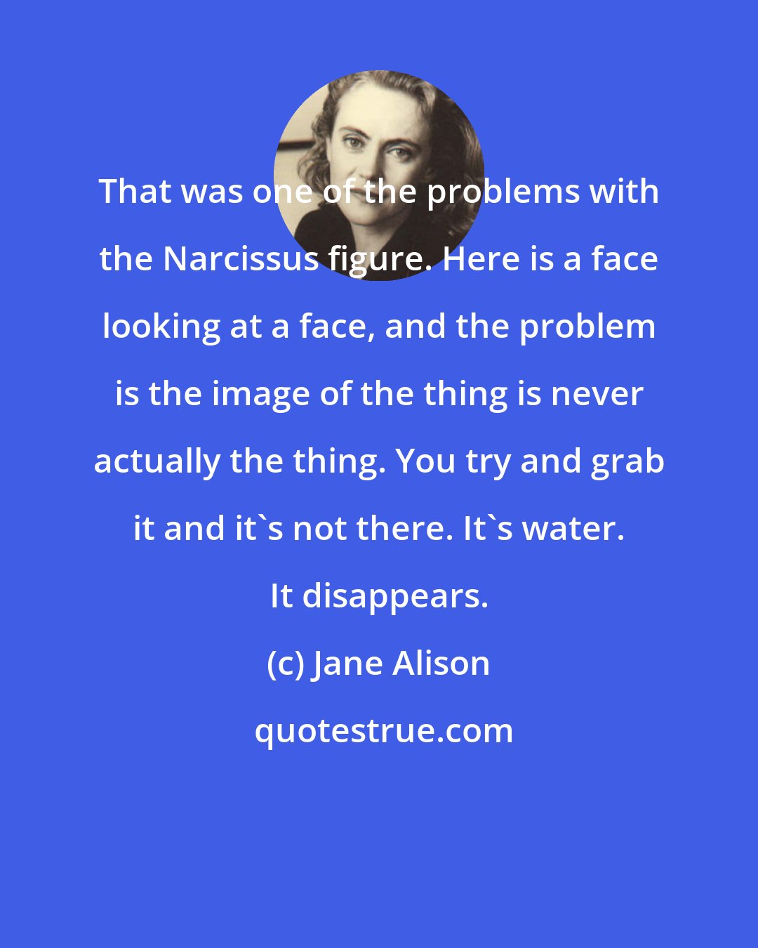 Jane Alison: That was one of the problems with the Narcissus figure. Here is a face looking at a face, and the problem is the image of the thing is never actually the thing. You try and grab it and it's not there. It's water. It disappears.