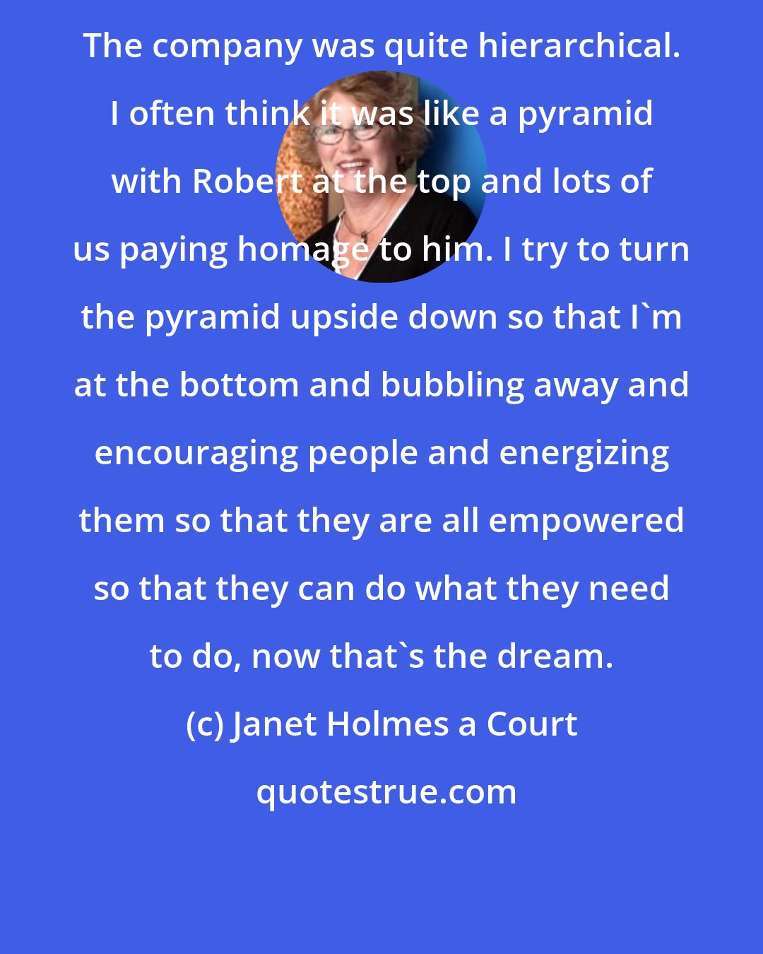 Janet Holmes a Court: The company was quite hierarchical. I often think it was like a pyramid with Robert at the top and lots of us paying homage to him. I try to turn the pyramid upside down so that I'm at the bottom and bubbling away and encouraging people and energizing them so that they are all empowered so that they can do what they need to do, now that's the dream.