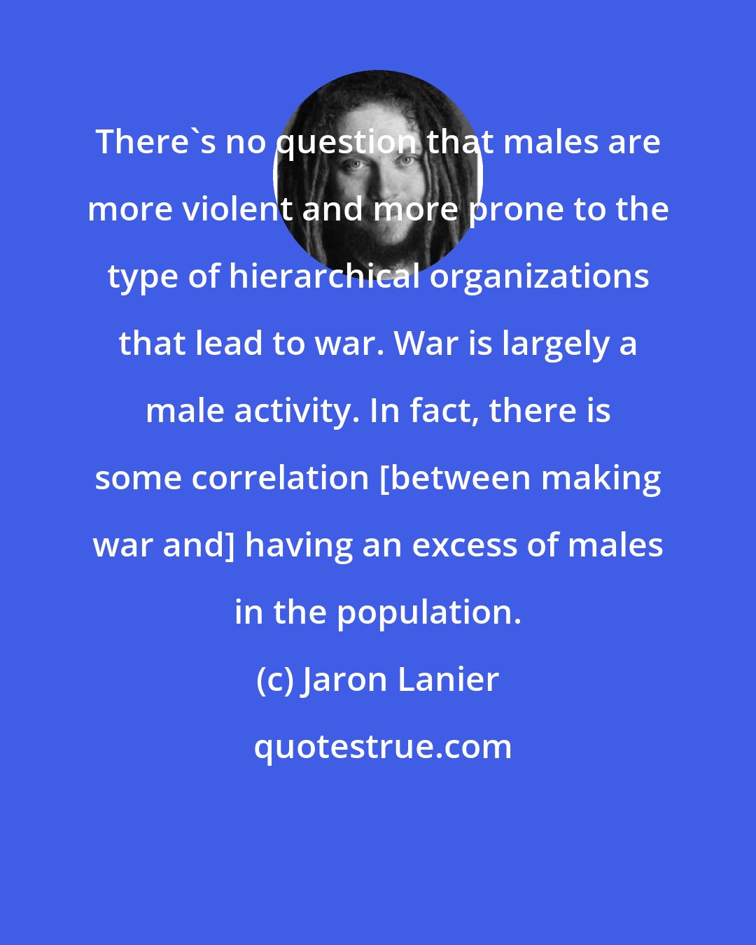 Jaron Lanier: There's no question that males are more violent and more prone to the type of hierarchical organizations that lead to war. War is largely a male activity. In fact, there is some correlation [between making war and] having an excess of males in the population.