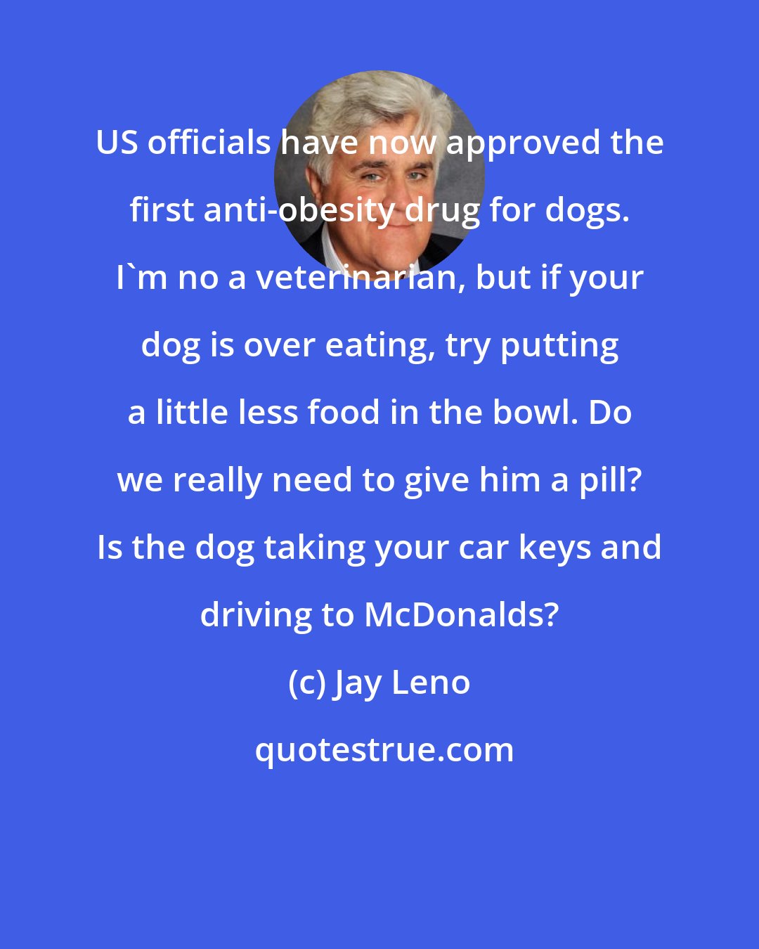 Jay Leno: US officials have now approved the first anti-obesity drug for dogs. I'm no a veterinarian, but if your dog is over eating, try putting a little less food in the bowl. Do we really need to give him a pill? Is the dog taking your car keys and driving to McDonalds?