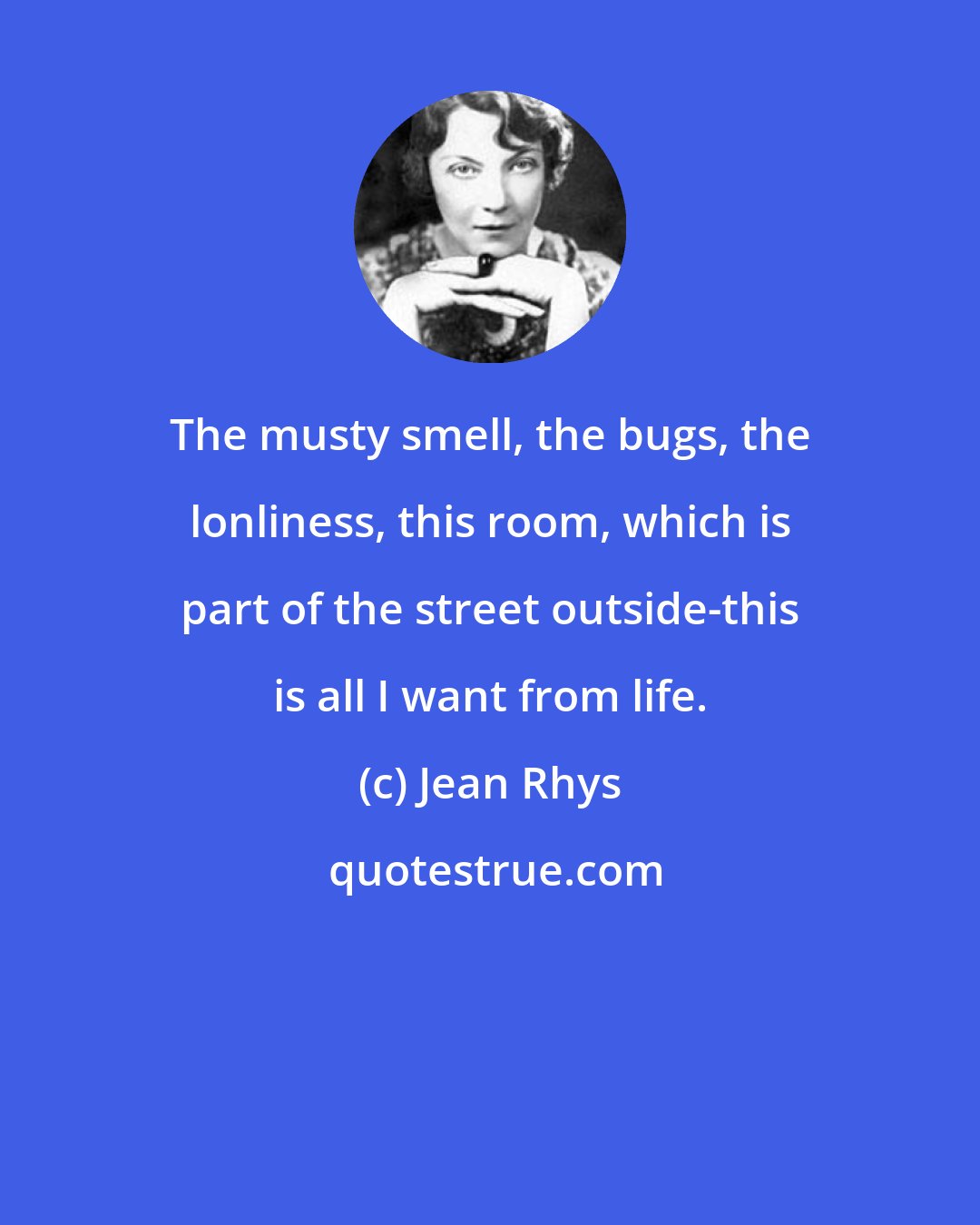 Jean Rhys: The musty smell, the bugs, the lonliness, this room, which is part of the street outside-this is all I want from life.