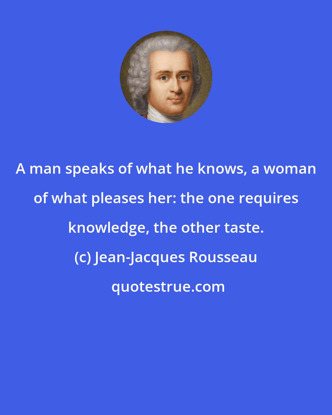 Jean-Jacques Rousseau: A man speaks of what he knows, a woman of what pleases her: the one requires knowledge, the other taste.