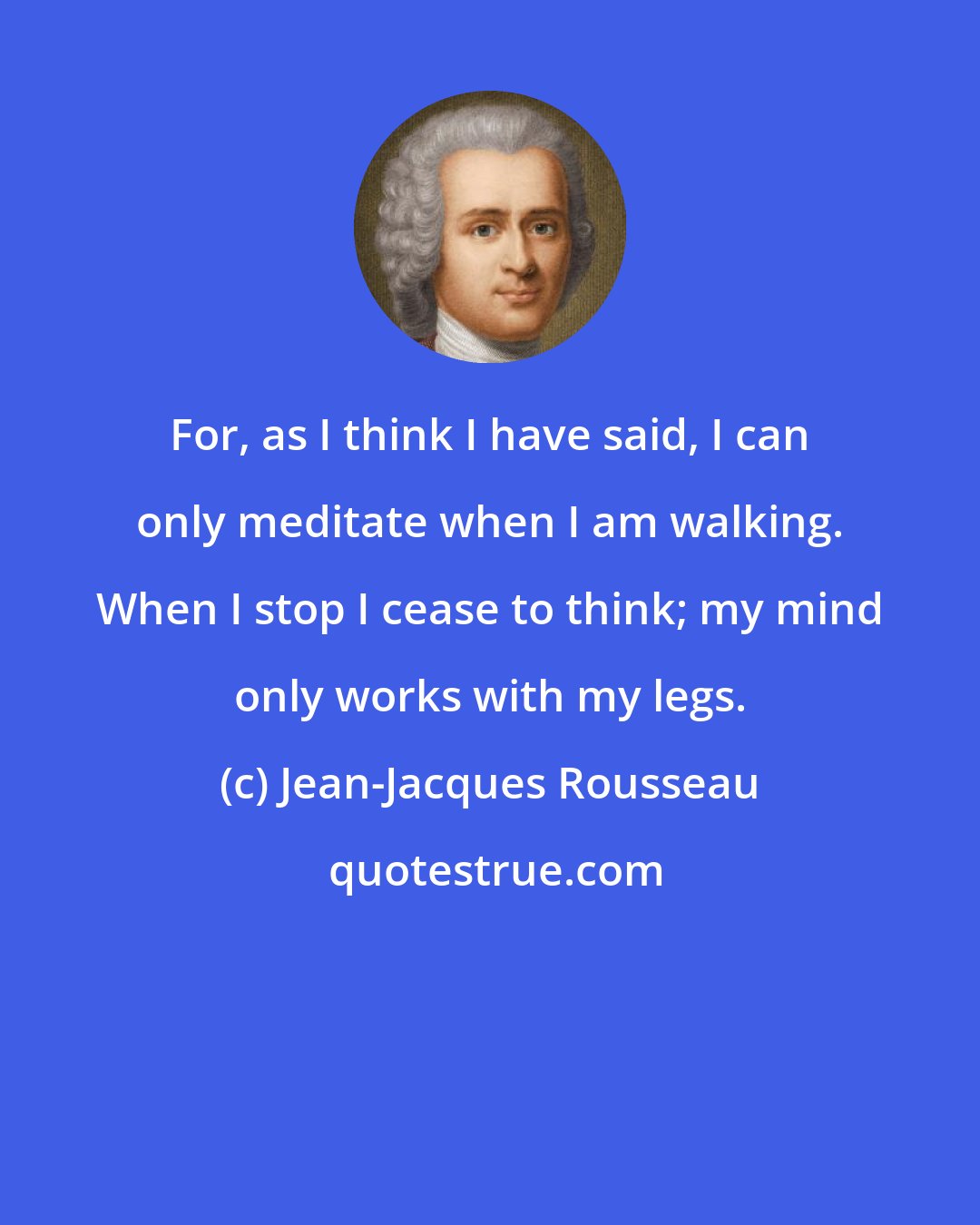 Jean-Jacques Rousseau: For, as I think I have said, I can only meditate when I am walking. When I stop I cease to think; my mind only works with my legs.