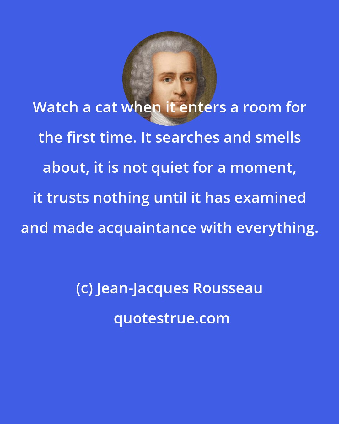 Jean-Jacques Rousseau: Watch a cat when it enters a room for the first time. It searches and smells about, it is not quiet for a moment, it trusts nothing until it has examined and made acquaintance with everything.