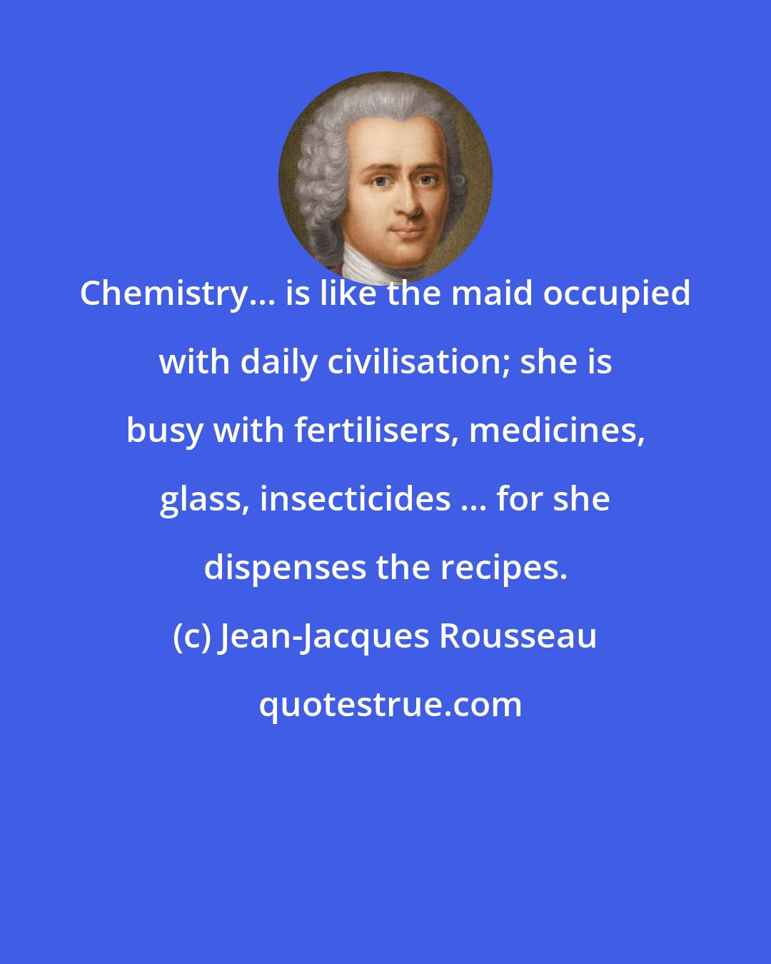 Jean-Jacques Rousseau: Chemistry... is like the maid occupied with daily civilisation; she is busy with fertilisers, medicines, glass, insecticides ... for she dispenses the recipes.