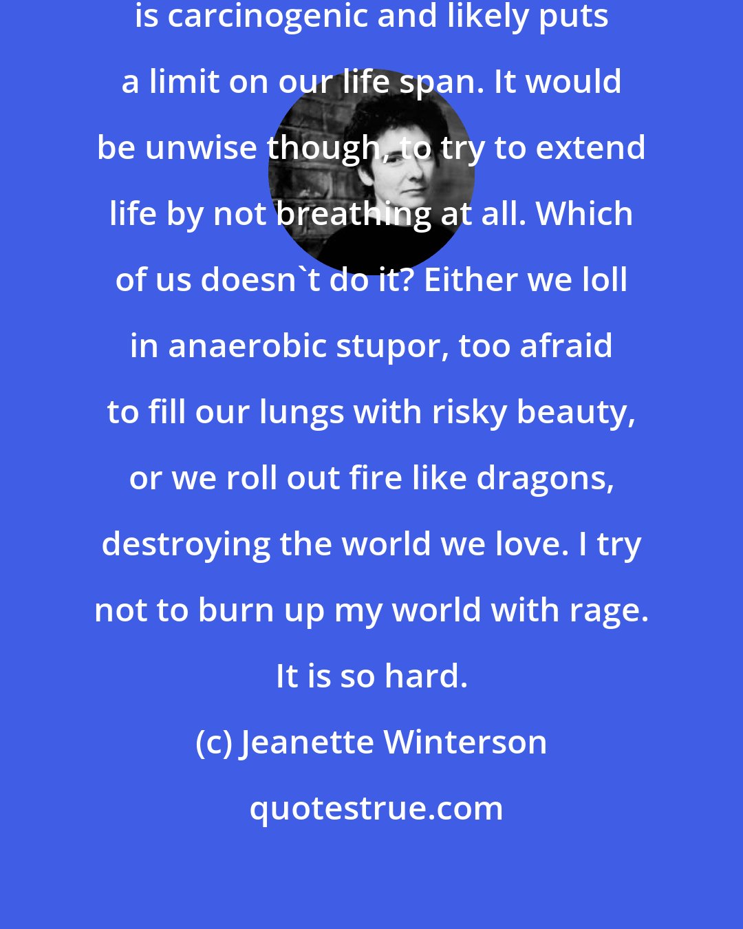 Jeanette Winterson: Breathe in, breath out. Oxygen is carcinogenic and likely puts a limit on our life span. It would be unwise though, to try to extend life by not breathing at all. Which of us doesn't do it? Either we loll in anaerobic stupor, too afraid to fill our lungs with risky beauty, or we roll out fire like dragons, destroying the world we love. I try not to burn up my world with rage. It is so hard.