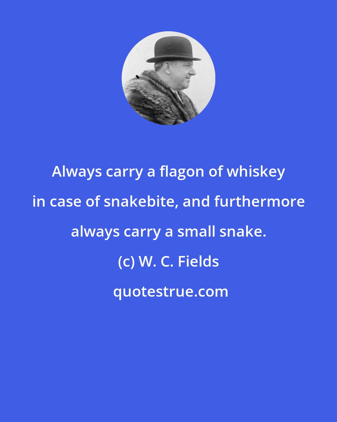 W. C. Fields: Always carry a flagon of whiskey in case of snakebite, and furthermore always carry a small snake.