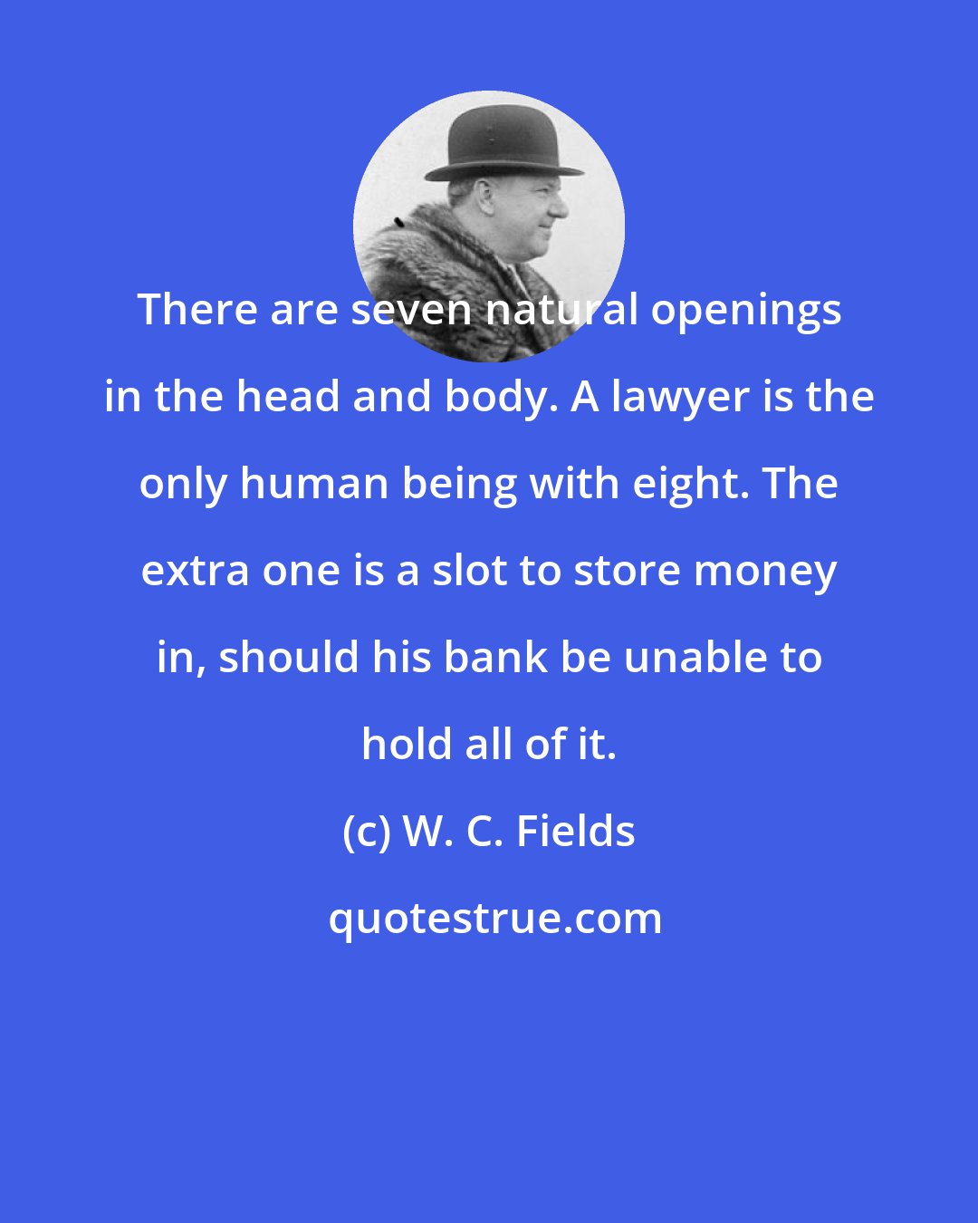 W. C. Fields: There are seven natural openings in the head and body. A lawyer is the only human being with eight. The extra one is a slot to store money in, should his bank be unable to hold all of it.