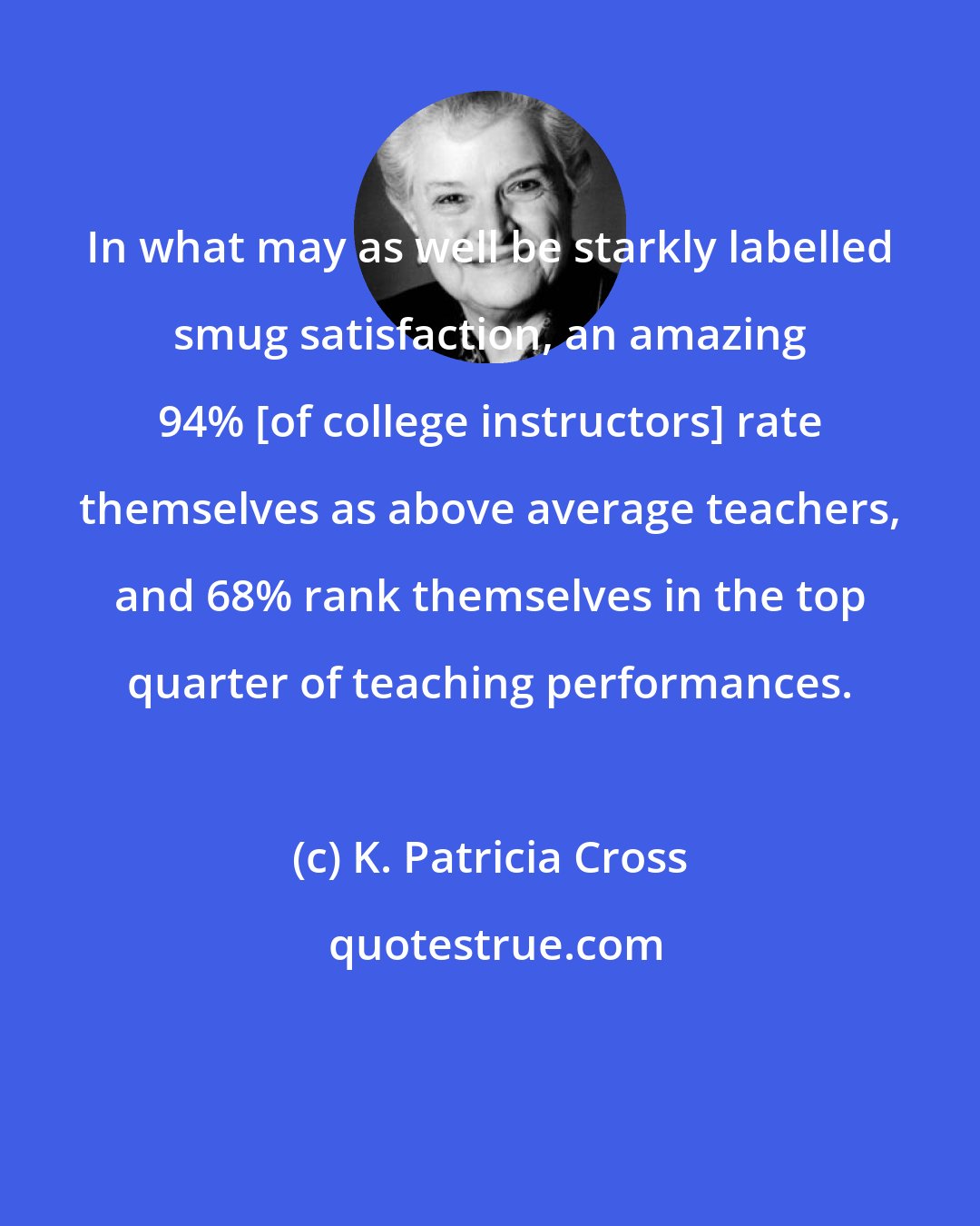 K. Patricia Cross: In what may as well be starkly labelled smug satisfaction, an amazing 94% [of college instructors] rate themselves as above average teachers, and 68% rank themselves in the top quarter of teaching performances.