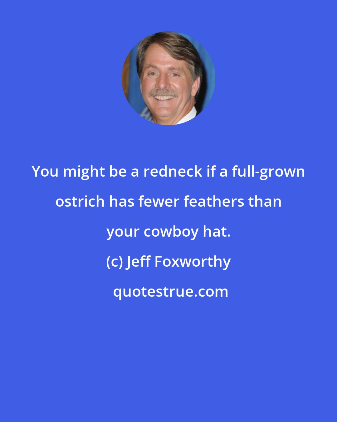 Jeff Foxworthy: You might be a redneck if a full-grown ostrich has fewer feathers than your cowboy hat.