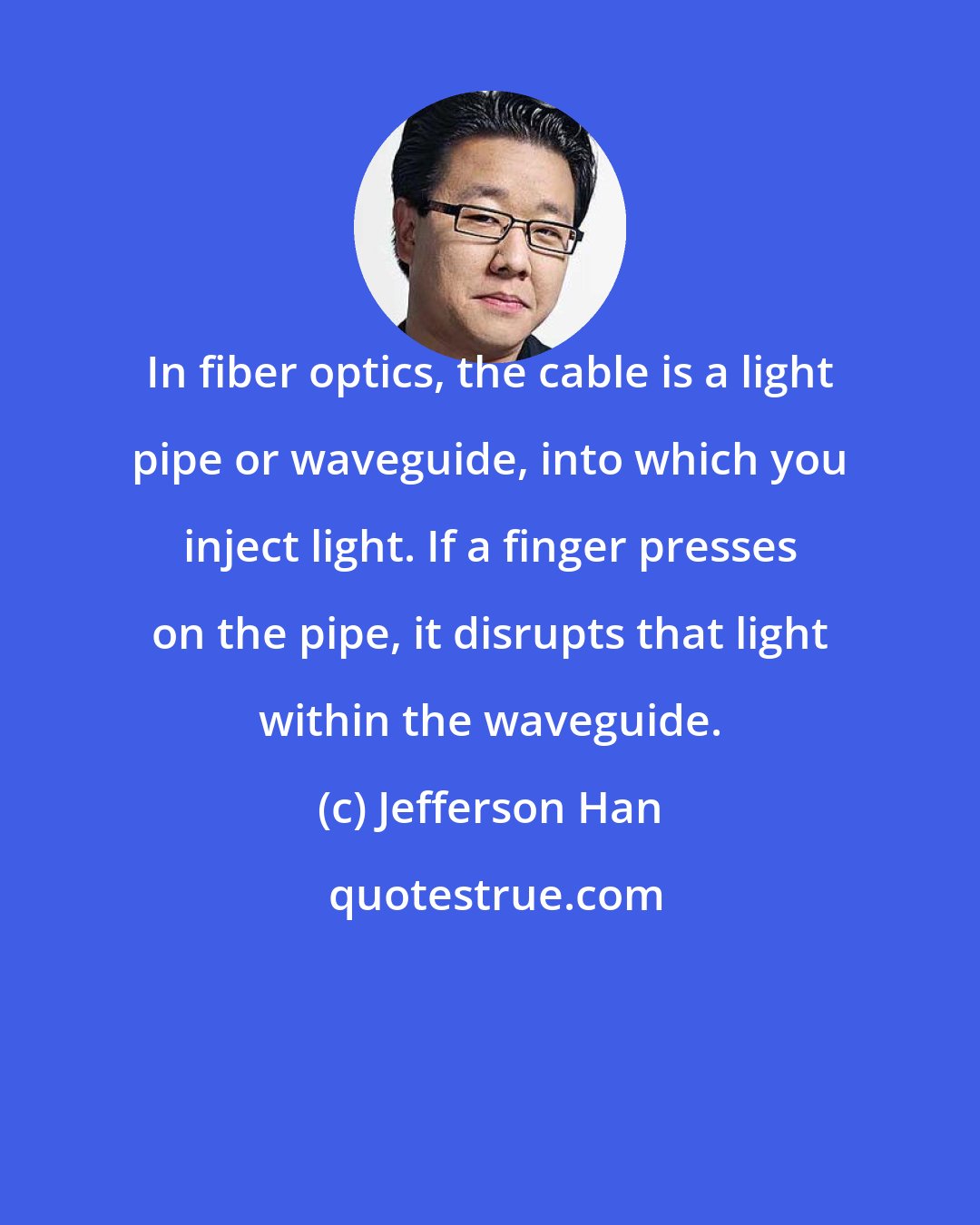 Jefferson Han: In fiber optics, the cable is a light pipe or waveguide, into which you inject light. If a finger presses on the pipe, it disrupts that light within the waveguide.