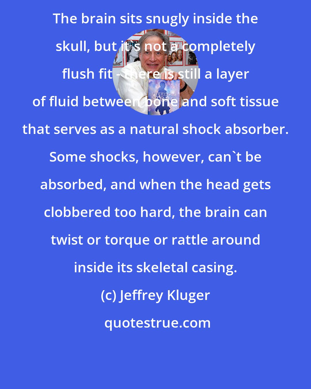 Jeffrey Kluger: The brain sits snugly inside the skull, but it's not a completely flush fit - there is still a layer of fluid between bone and soft tissue that serves as a natural shock absorber. Some shocks, however, can't be absorbed, and when the head gets clobbered too hard, the brain can twist or torque or rattle around inside its skeletal casing.