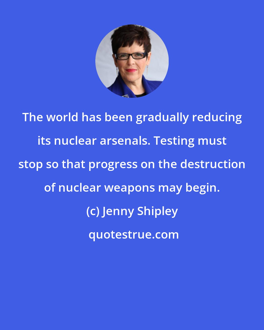 Jenny Shipley: The world has been gradually reducing its nuclear arsenals. Testing must stop so that progress on the destruction of nuclear weapons may begin.