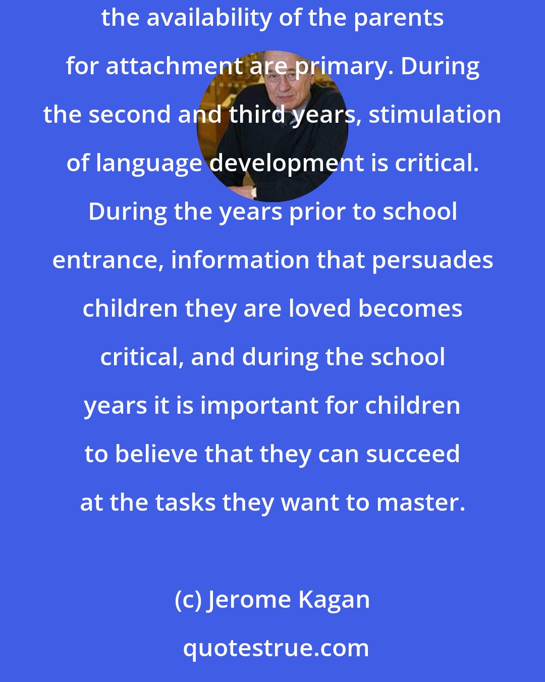 Jerome Kagan: At each stage of development the child needs different resources from the family. During the first year, a variety of experience and the availability of the parents for attachment are primary. During the second and third years, stimulation of language development is critical. During the years prior to school entrance, information that persuades children they are loved becomes critical, and during the school years it is important for children to believe that they can succeed at the tasks they want to master.