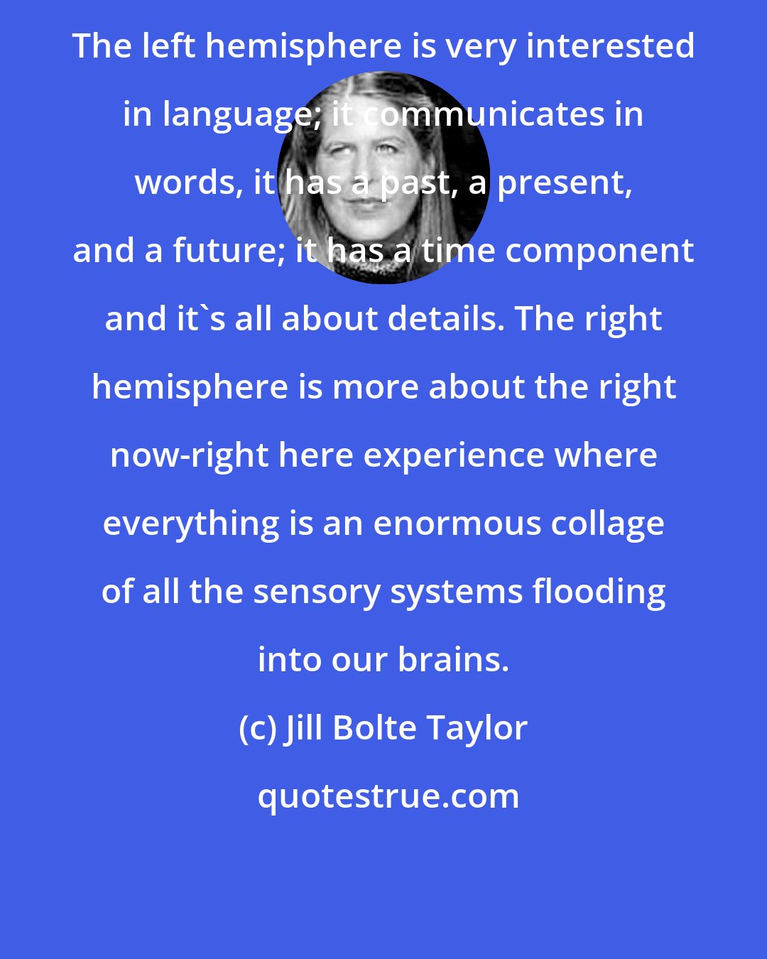 Jill Bolte Taylor: The left hemisphere is very interested in language; it communicates in words, it has a past, a present, and a future; it has a time component and it's all about details. The right hemisphere is more about the right now-right here experience where everything is an enormous collage of all the sensory systems flooding into our brains.