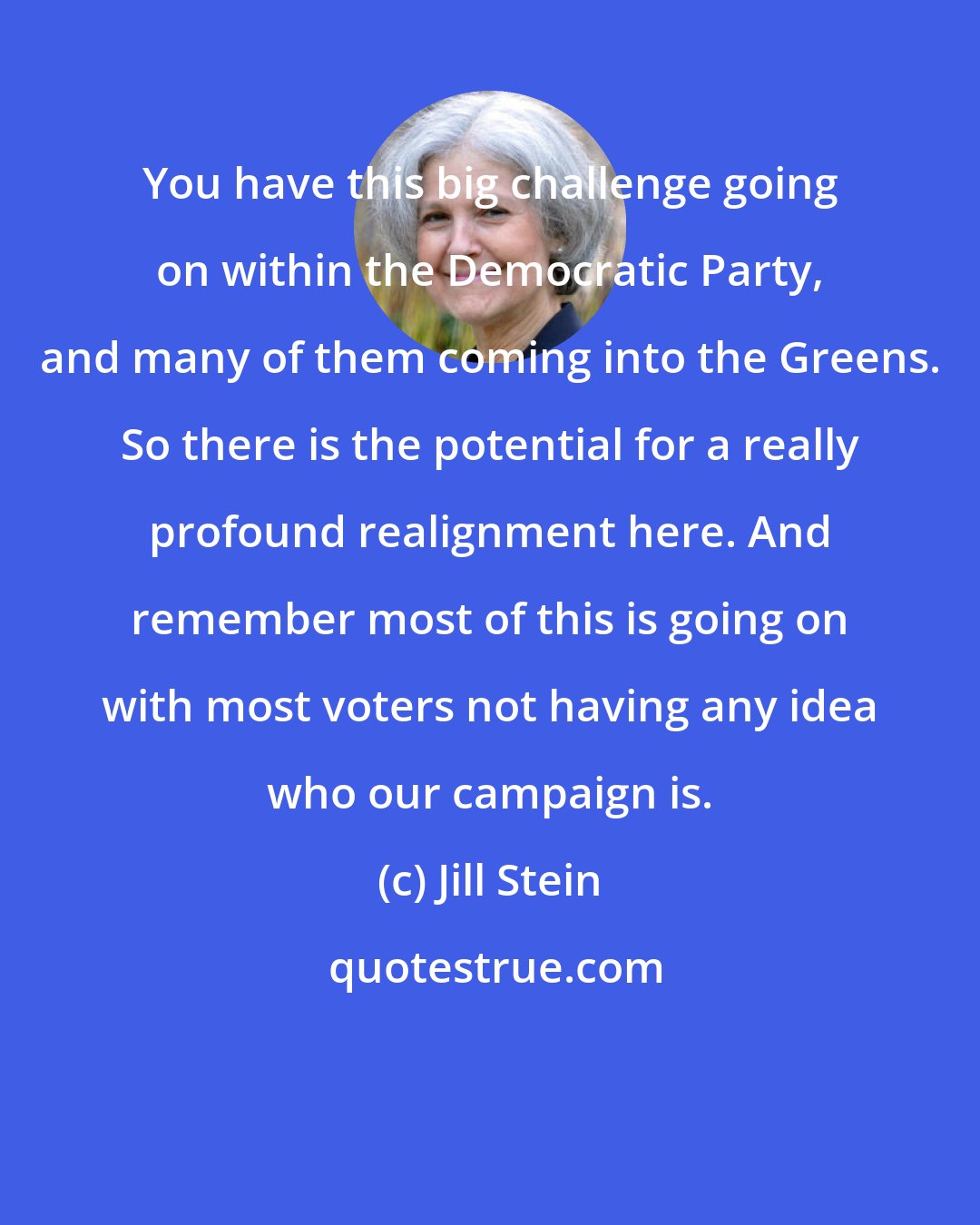 Jill Stein: You have this big challenge going on within the Democratic Party, and many of them coming into the Greens. So there is the potential for a really profound realignment here. And remember most of this is going on with most voters not having any idea who our campaign is.