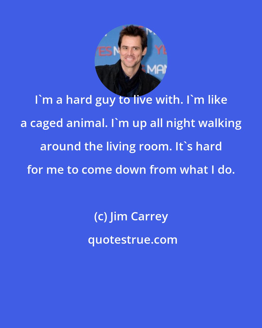 Jim Carrey: I'm a hard guy to live with. I'm like a caged animal. I'm up all night walking around the living room. It's hard for me to come down from what I do.