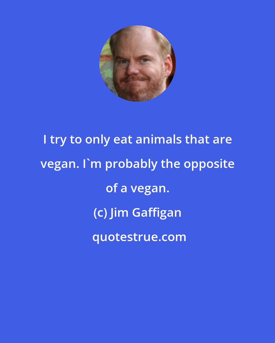 Jim Gaffigan: I try to only eat animals that are vegan. I'm probably the opposite of a vegan.