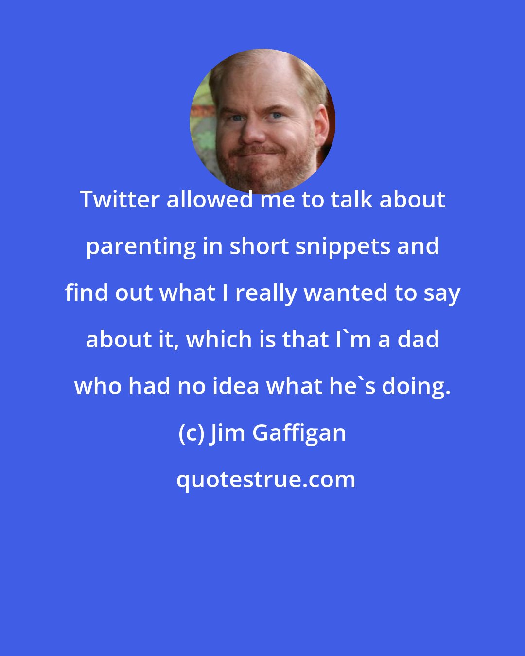 Jim Gaffigan: Twitter allowed me to talk about parenting in short snippets and find out what I really wanted to say about it, which is that I'm a dad who had no idea what he's doing.