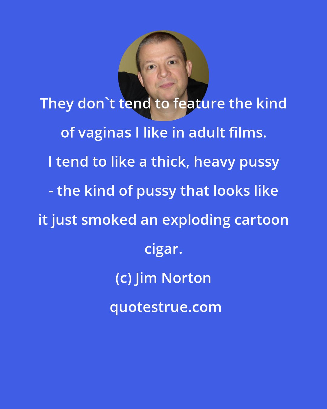 Jim Norton: They don't tend to feature the kind of vaginas I like in adult films. I tend to like a thick, heavy pussy - the kind of pussy that looks like it just smoked an exploding cartoon cigar.