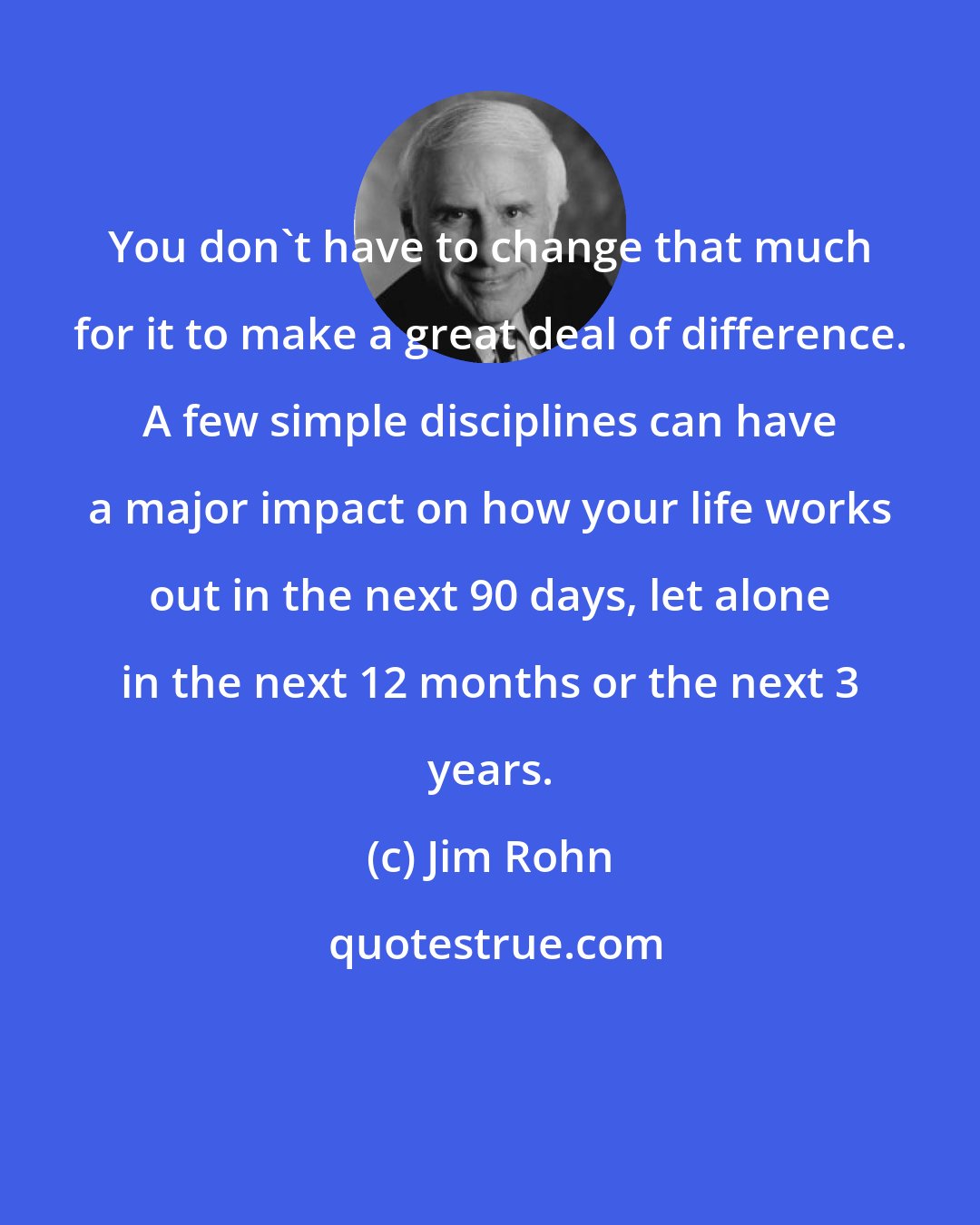 Jim Rohn: You don't have to change that much for it to make a great deal of difference. A few simple disciplines can have a major impact on how your life works out in the next 90 days, let alone in the next 12 months or the next 3 years.