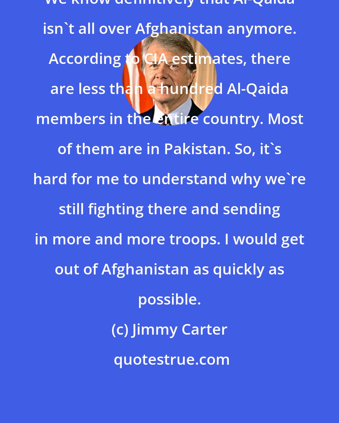 Jimmy Carter: We know definitively that Al-Qaida isn't all over Afghanistan anymore. According to CIA estimates, there are less than a hundred Al-Qaida members in the entire country. Most of them are in Pakistan. So, it's hard for me to understand why we're still fighting there and sending in more and more troops. I would get out of Afghanistan as quickly as possible.