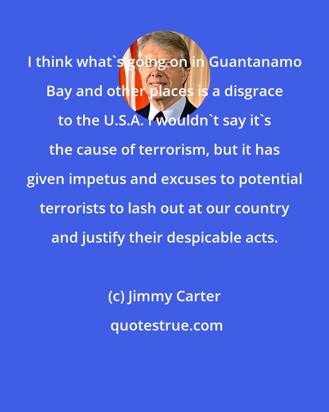 Jimmy Carter: I think what's going on in Guantanamo Bay and other places is a disgrace to the U.S.A. I wouldn't say it's the cause of terrorism, but it has given impetus and excuses to potential terrorists to lash out at our country and justify their despicable acts.