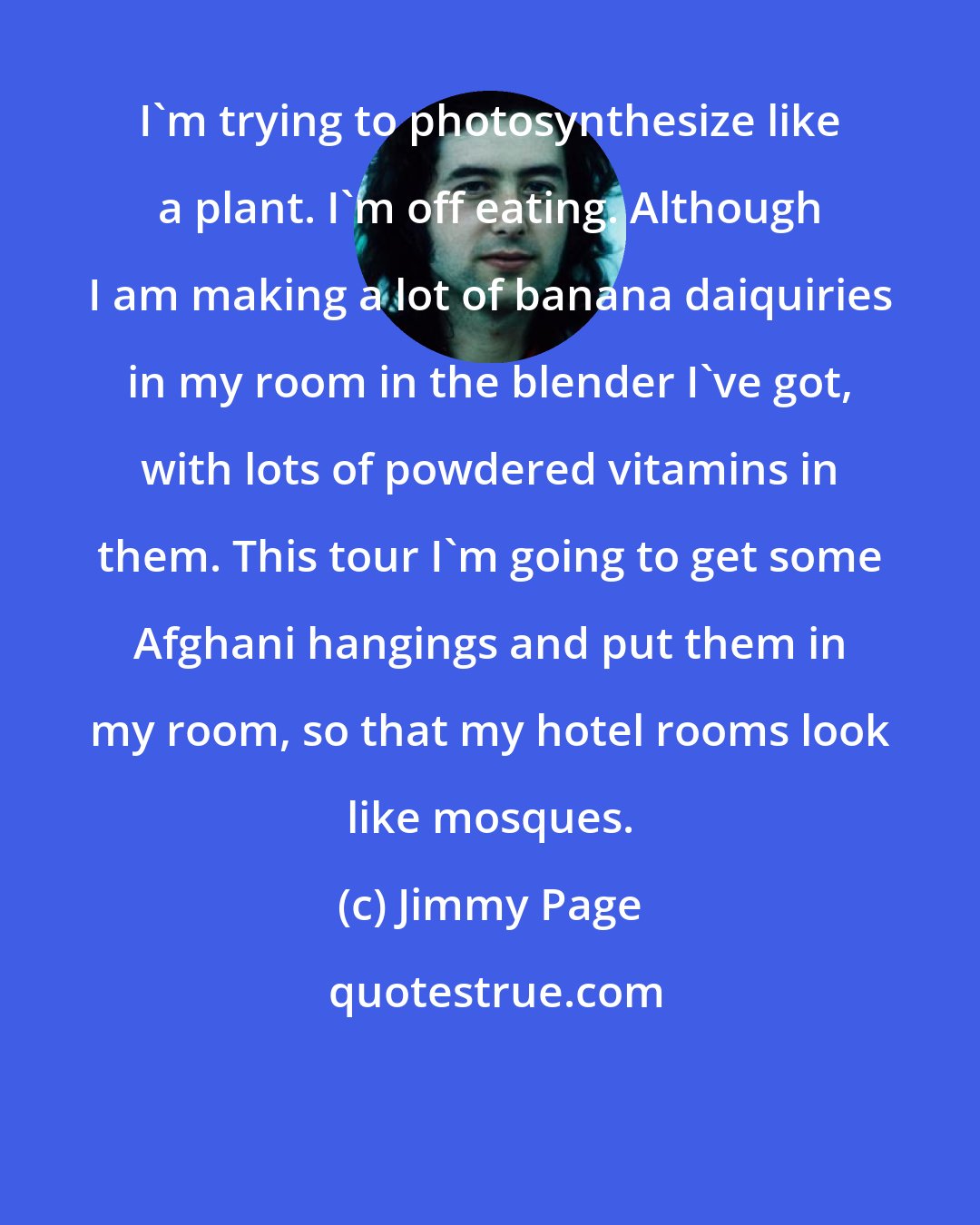 Jimmy Page: I'm trying to photosynthesize like a plant. I'm off eating. Although I am making a lot of banana daiquiries in my room in the blender I've got, with lots of powdered vitamins in them. This tour I'm going to get some Afghani hangings and put them in my room, so that my hotel rooms look like mosques.