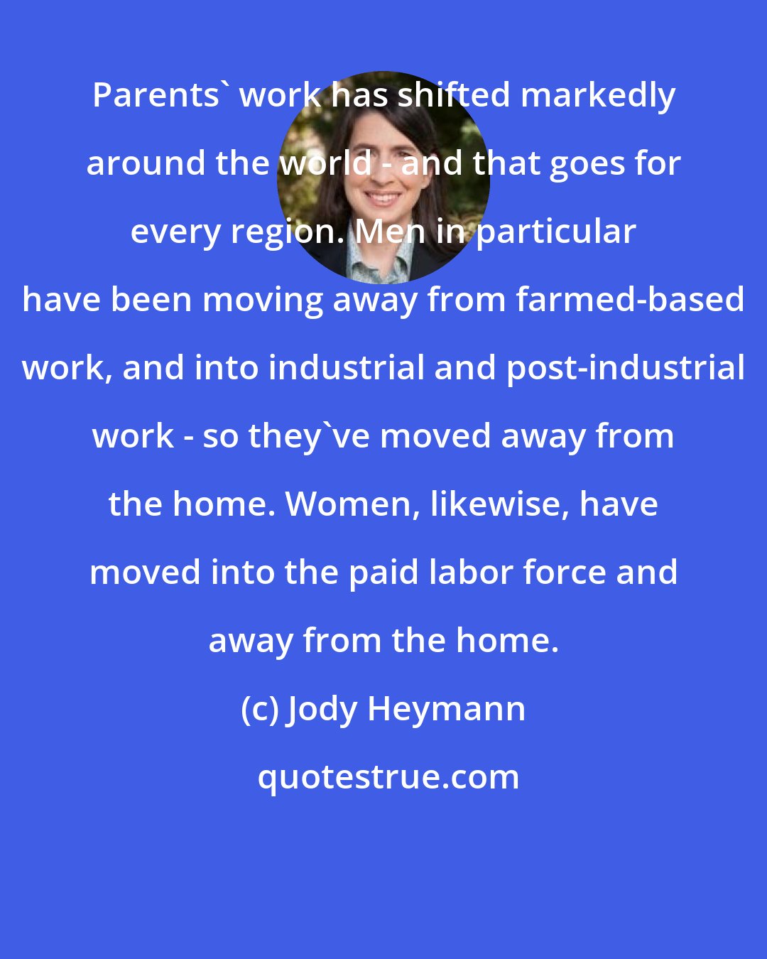 Jody Heymann: Parents' work has shifted markedly around the world - and that goes for every region. Men in particular have been moving away from farmed-based work, and into industrial and post-industrial work - so they've moved away from the home. Women, likewise, have moved into the paid labor force and away from the home.