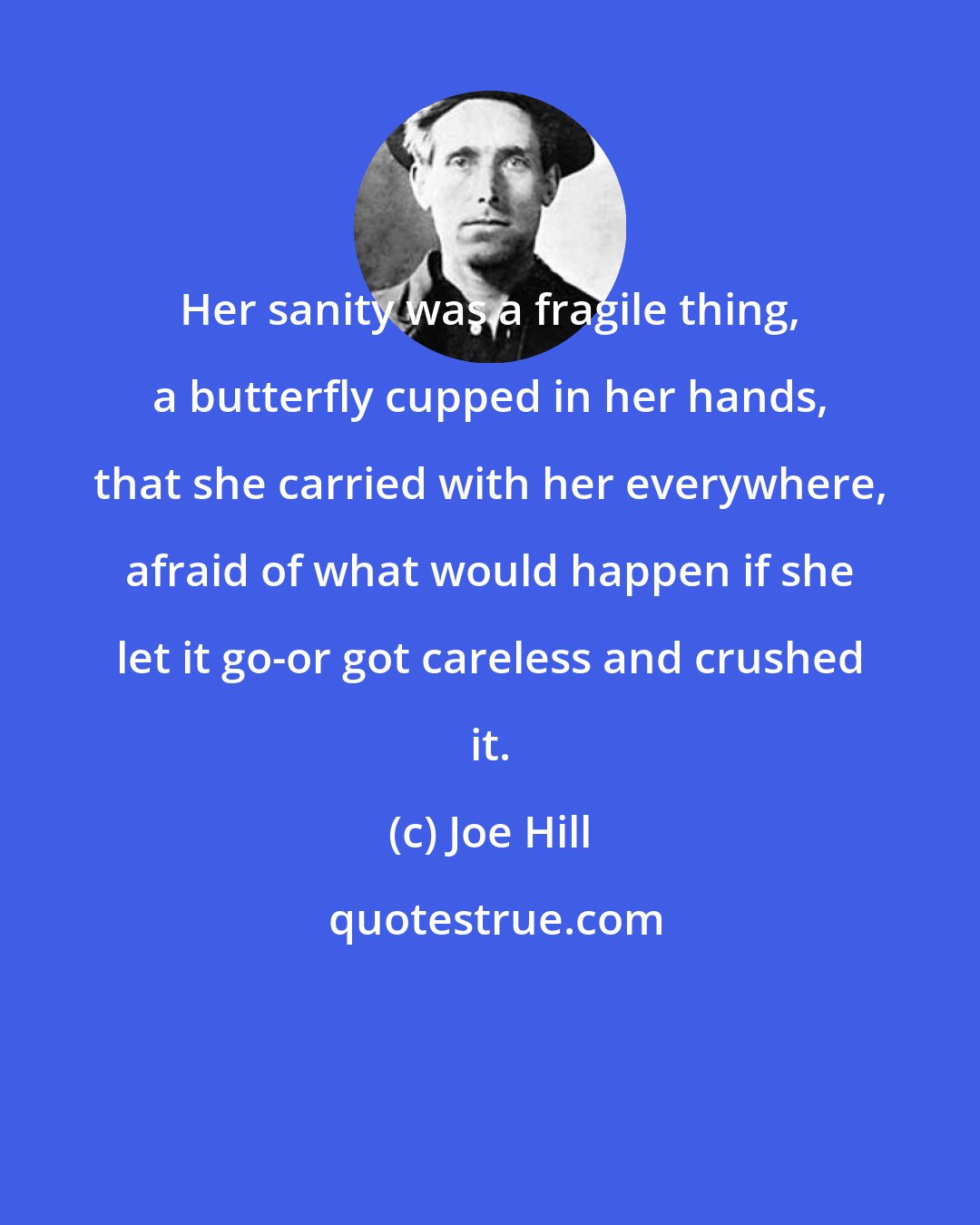 Joe Hill: Her sanity was a fragile thing, a butterfly cupped in her hands, that she carried with her everywhere, afraid of what would happen if she let it go-or got careless and crushed it.