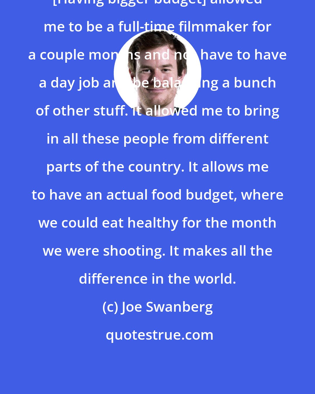 Joe Swanberg: [Having bigger budget] allowed me to be a full-time filmmaker for a couple months and not have to have a day job and be balancing a bunch of other stuff. It allowed me to bring in all these people from different parts of the country. It allows me to have an actual food budget, where we could eat healthy for the month we were shooting. It makes all the difference in the world.