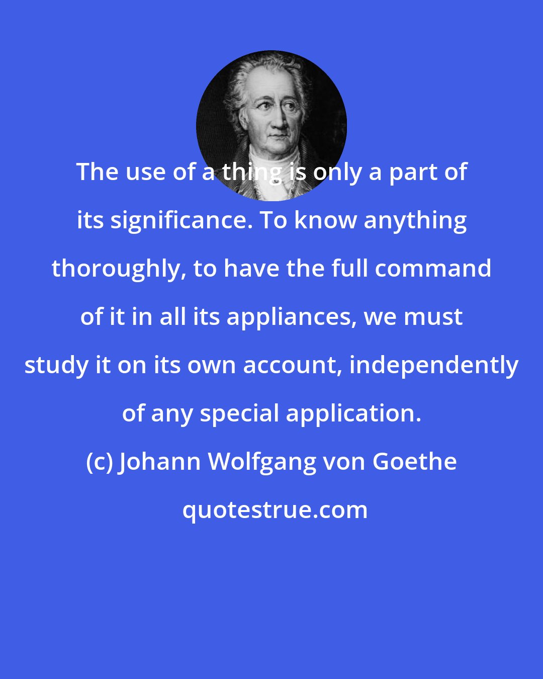 Johann Wolfgang von Goethe: The use of a thing is only a part of its significance. To know anything thoroughly, to have the full command of it in all its appliances, we must study it on its own account, independently of any special application.