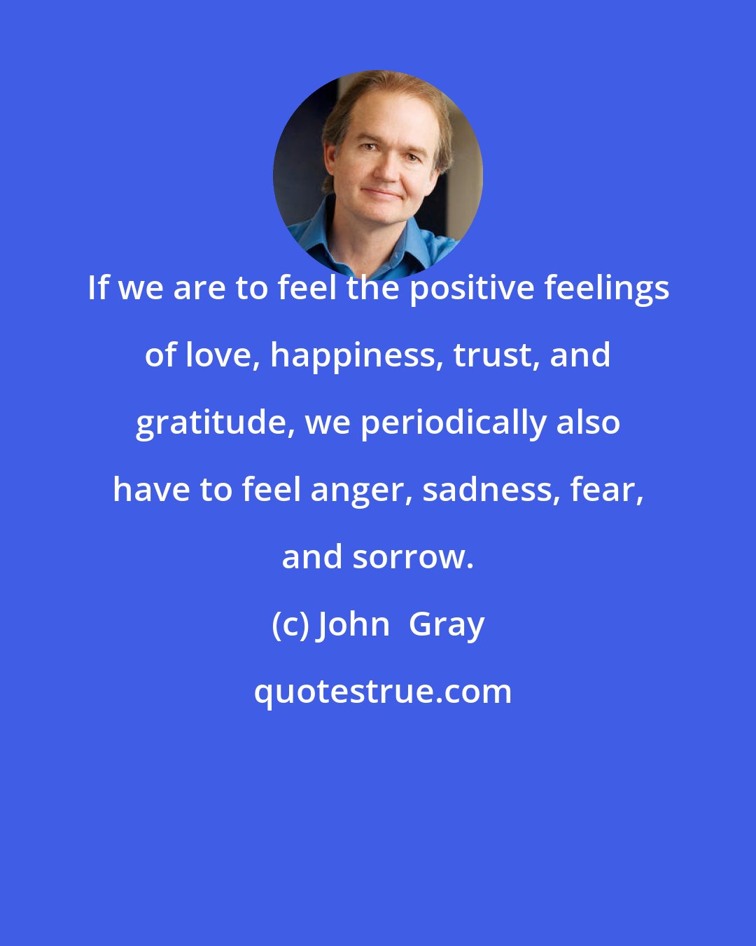 John  Gray: If we are to feel the positive feelings of love, happiness, trust, and gratitude, we periodically also have to feel anger, sadness, fear, and sorrow.