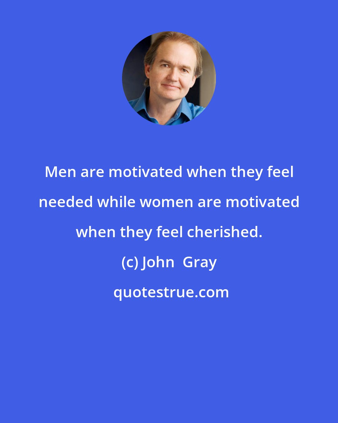 John  Gray: Men are motivated when they feel needed while women are motivated when they feel cherished.