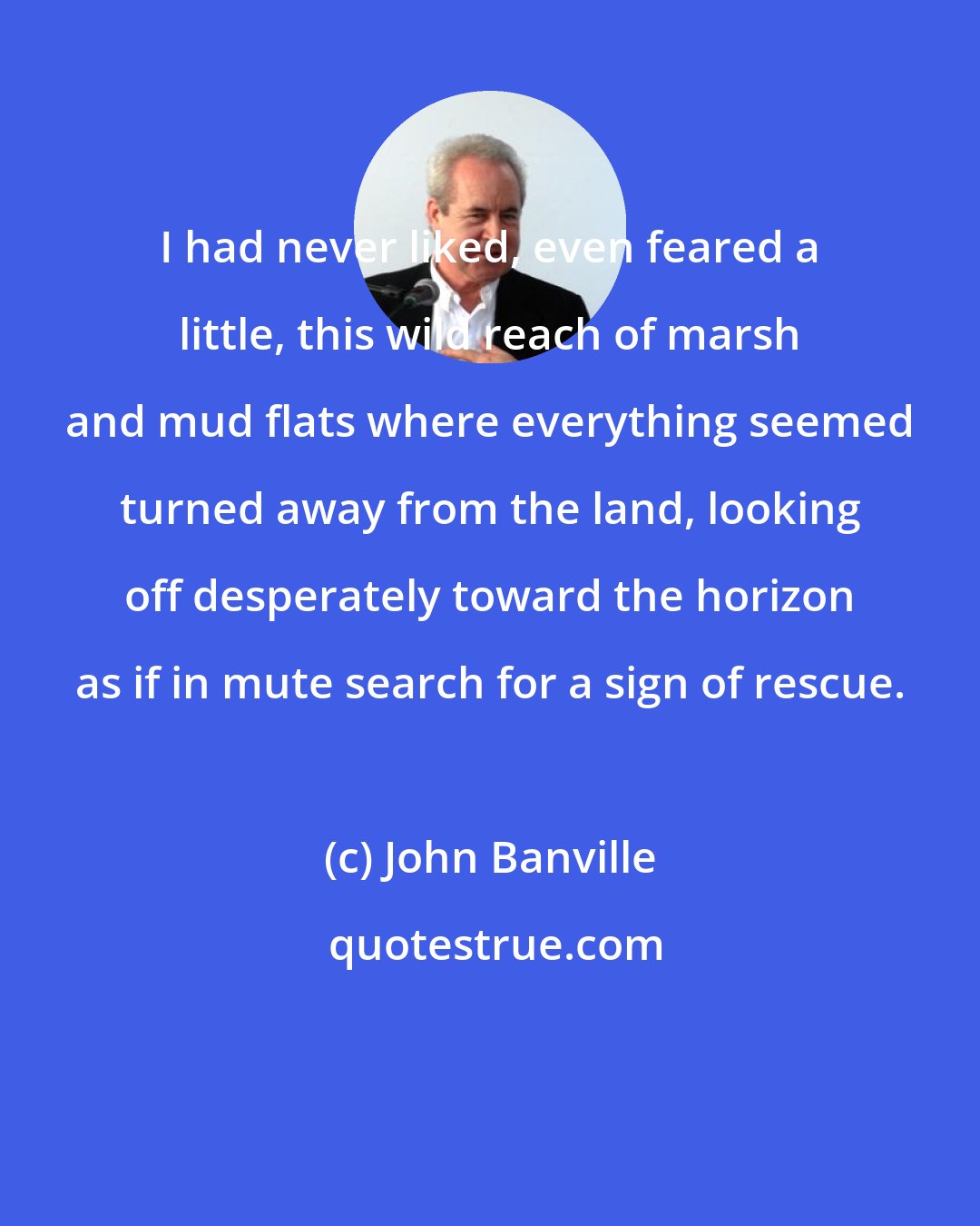 John Banville: I had never liked, even feared a little, this wild reach of marsh and mud flats where everything seemed turned away from the land, looking off desperately toward the horizon as if in mute search for a sign of rescue.