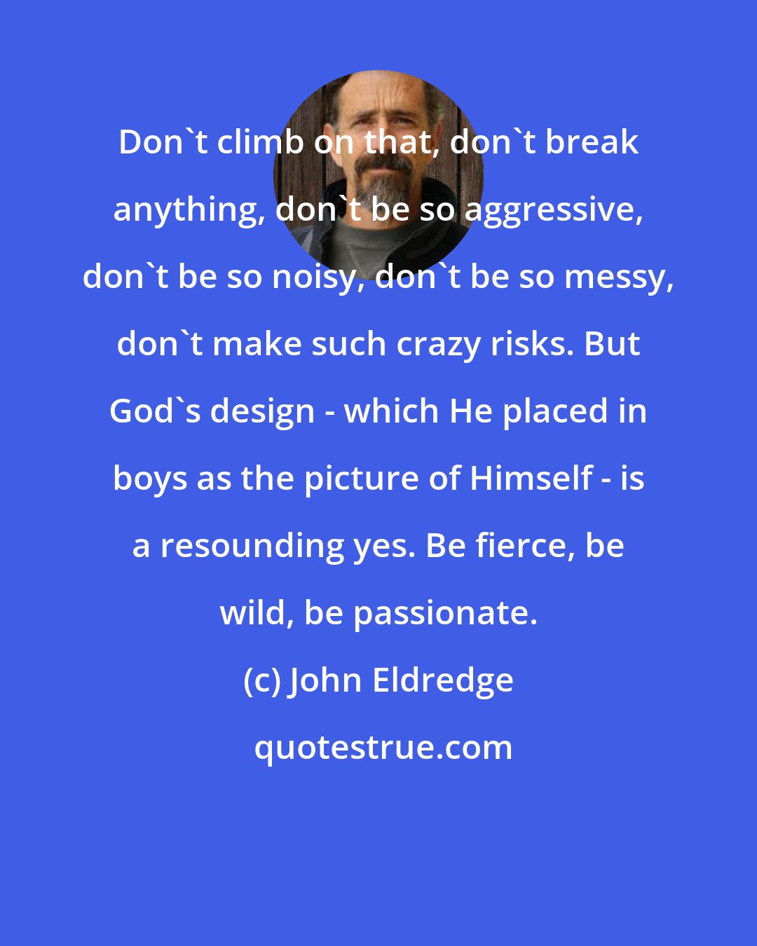 John Eldredge: Don't climb on that, don't break anything, don't be so aggressive, don't be so noisy, don't be so messy, don't make such crazy risks. But God's design - which He placed in boys as the picture of Himself - is a resounding yes. Be fierce, be wild, be passionate.