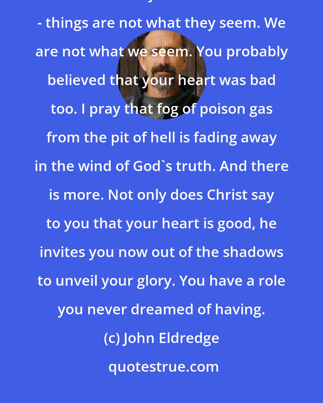 John Eldredge: You probably can't imagine there being a glory in your life, let alone one that the Enemy fears. But remember - things are not what they seem. We are not what we seem. You probably believed that your heart was bad too. I pray that fog of poison gas from the pit of hell is fading away in the wind of God's truth. And there is more. Not only does Christ say to you that your heart is good, he invites you now out of the shadows to unveil your glory. You have a role you never dreamed of having.