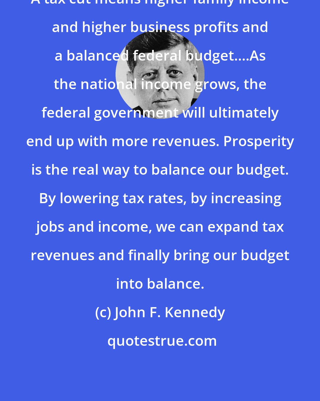 John F. Kennedy: A tax cut means higher family income and higher business profits and a balanced federal budget....As the national income grows, the federal government will ultimately end up with more revenues. Prosperity is the real way to balance our budget. By lowering tax rates, by increasing jobs and income, we can expand tax revenues and finally bring our budget into balance.