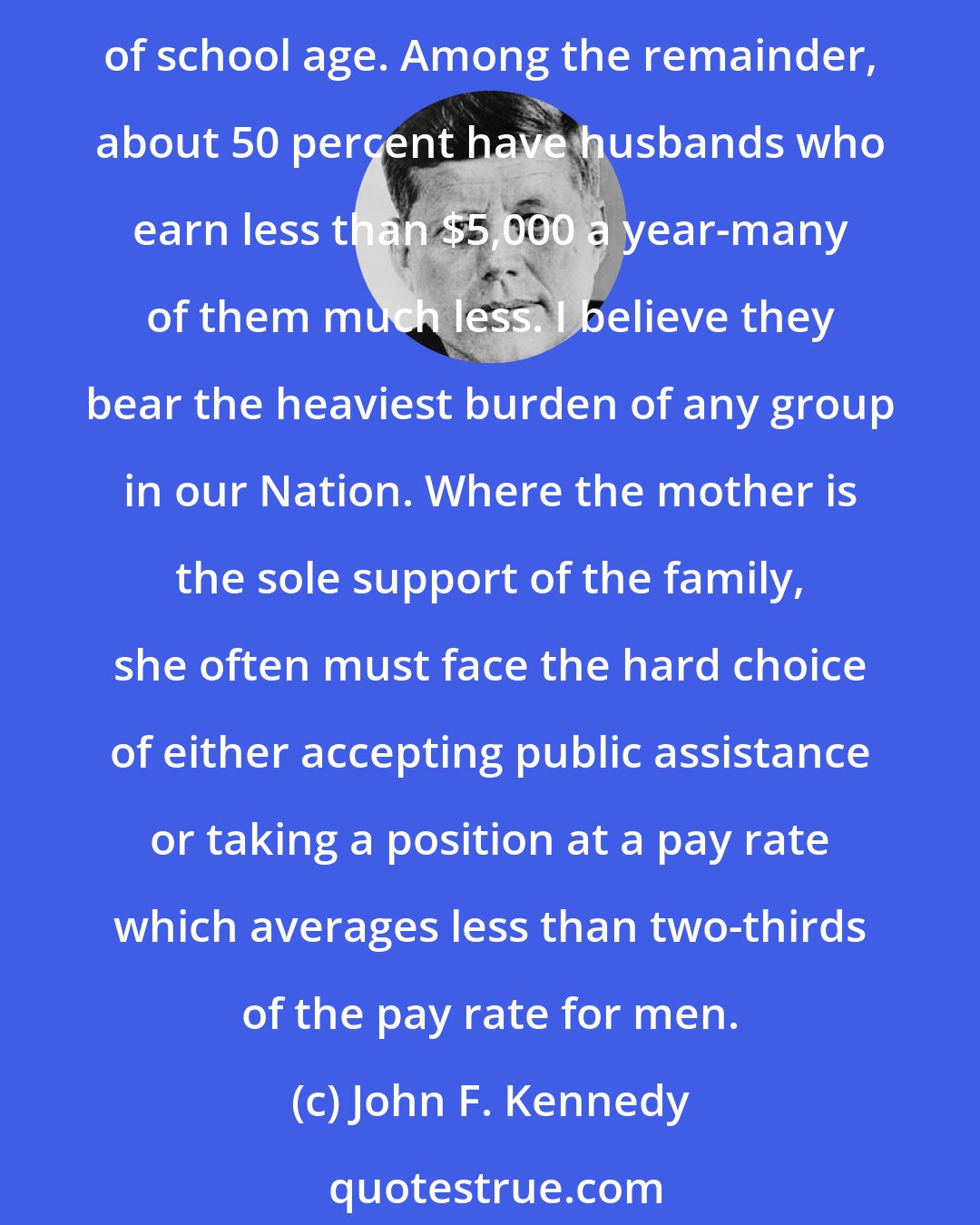 John F. Kennedy: The lower the family income, the higher the probability that the mother must work. Today, 1 out of 5 of these working mothers has children under 3. Two out of 5 have children of school age. Among the remainder, about 50 percent have husbands who earn less than $5,000 a year-many of them much less. I believe they bear the heaviest burden of any group in our Nation. Where the mother is the sole support of the family, she often must face the hard choice of either accepting public assistance or taking a position at a pay rate which averages less than two-thirds of the pay rate for men.