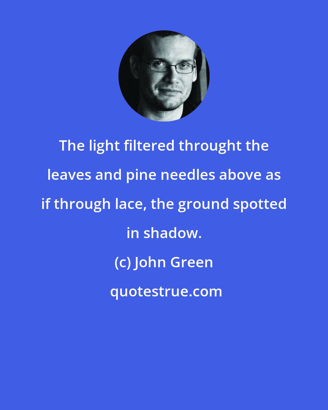 John Green: The light filtered throught the leaves and pine needles above as if through lace, the ground spotted in shadow.