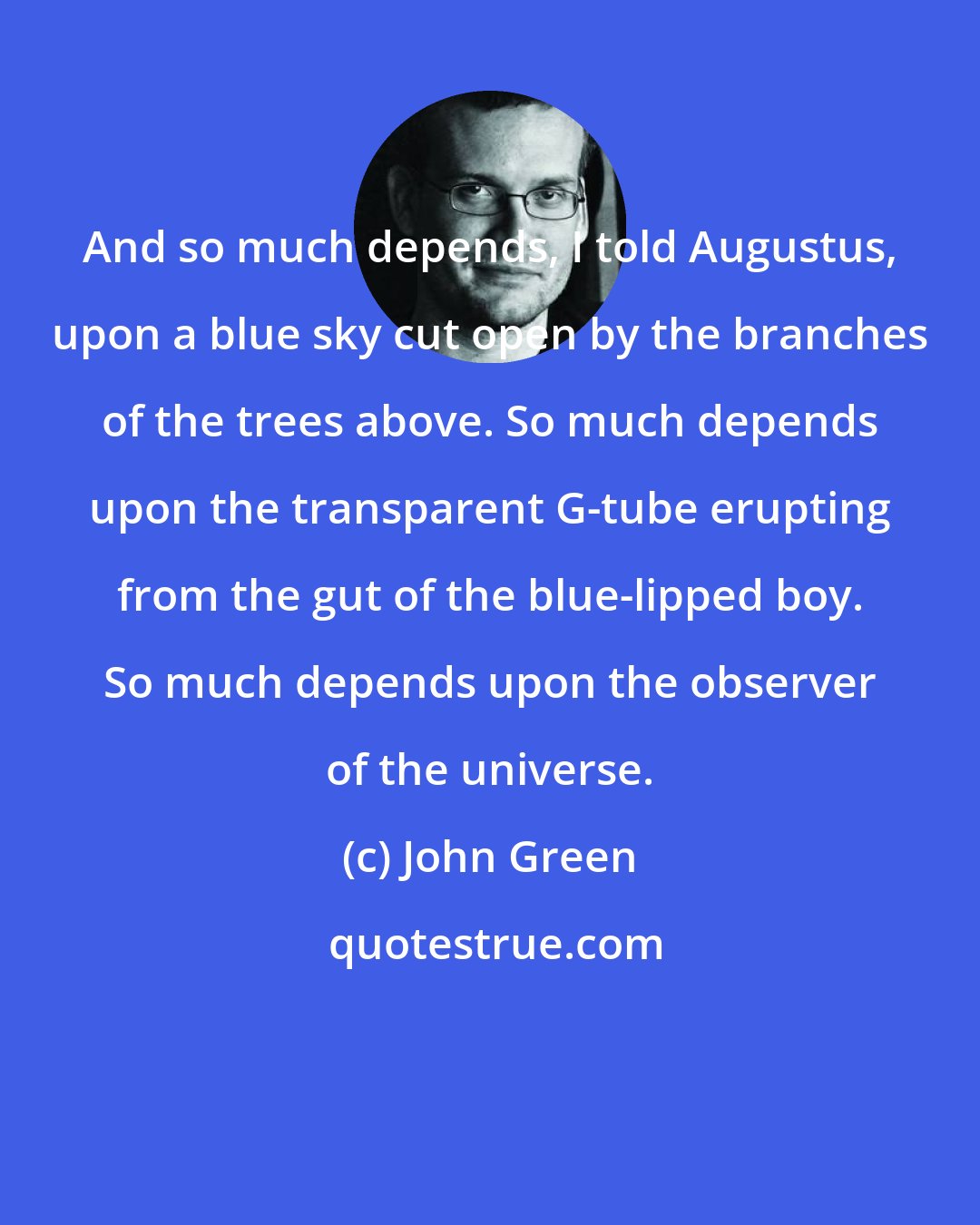 John Green: And so much depends, I told Augustus, upon a blue sky cut open by the branches of the trees above. So much depends upon the transparent G-tube erupting from the gut of the blue-lipped boy. So much depends upon the observer of the universe.