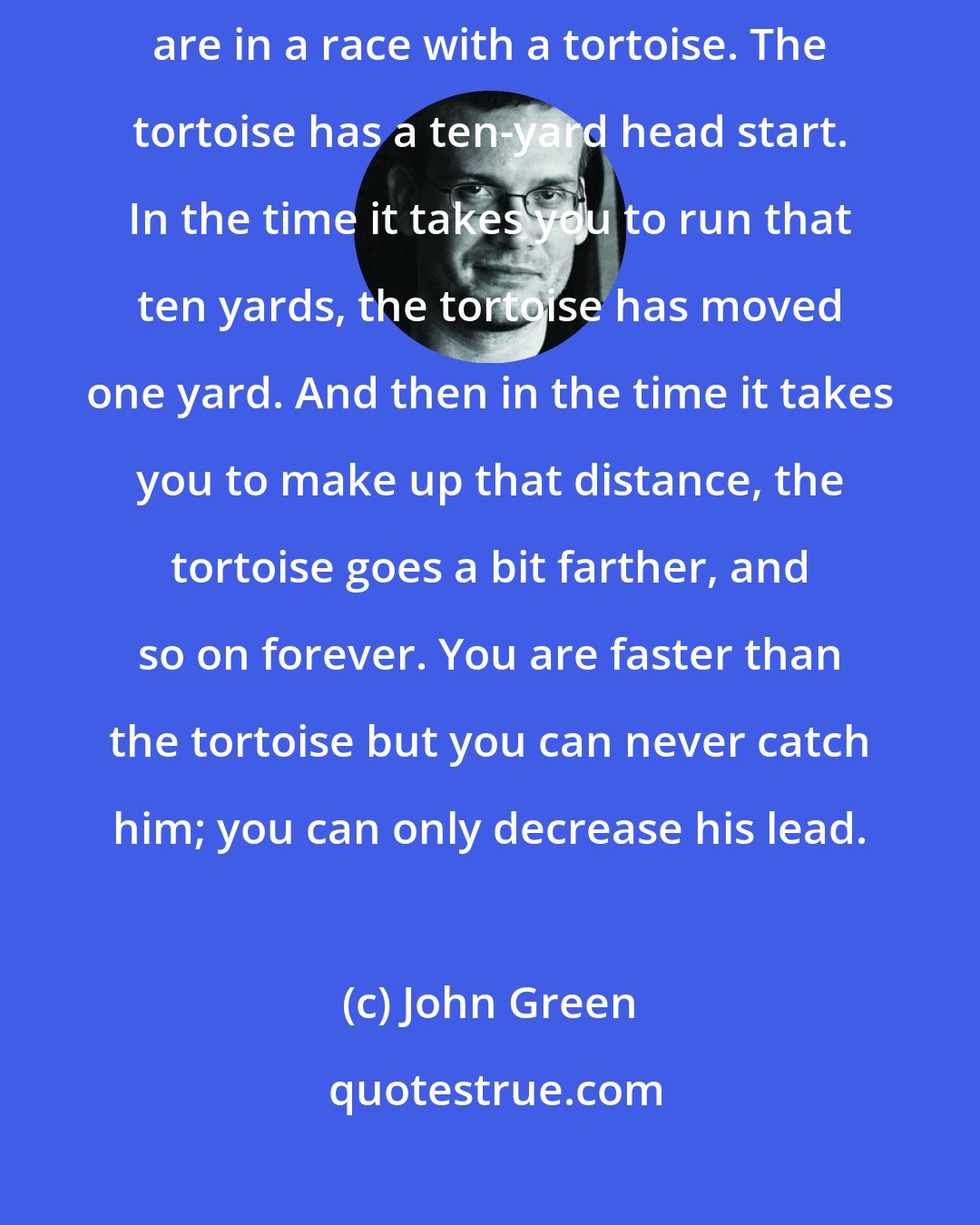 John Green: So Zeno is most famous for his tortoise paradox. Let us imagine that you are in a race with a tortoise. The tortoise has a ten-yard head start. In the time it takes you to run that ten yards, the tortoise has moved one yard. And then in the time it takes you to make up that distance, the tortoise goes a bit farther, and so on forever. You are faster than the tortoise but you can never catch him; you can only decrease his lead.