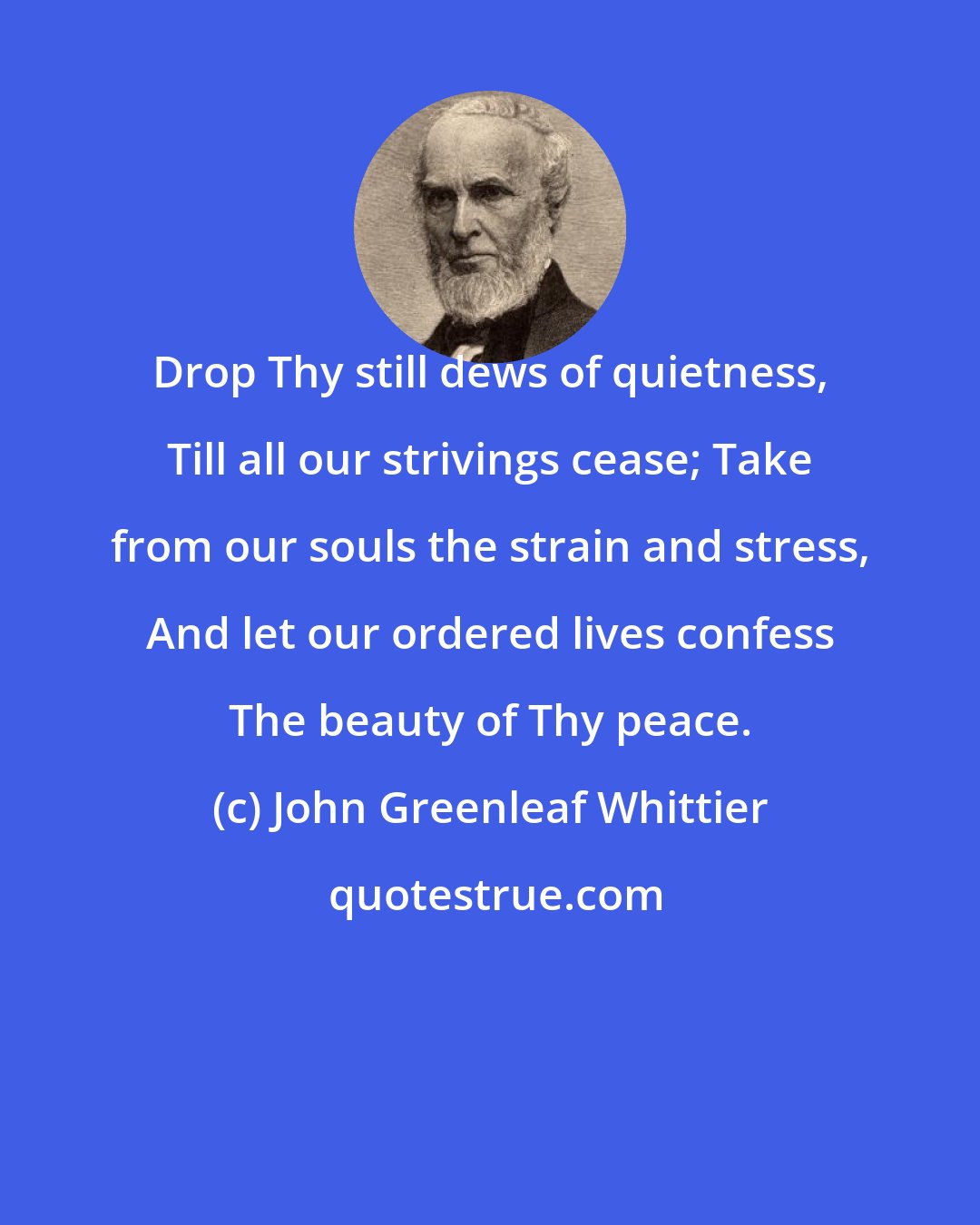 John Greenleaf Whittier: Drop Thy still dews of quietness, Till all our strivings cease; Take from our souls the strain and stress, And let our ordered lives confess The beauty of Thy peace.