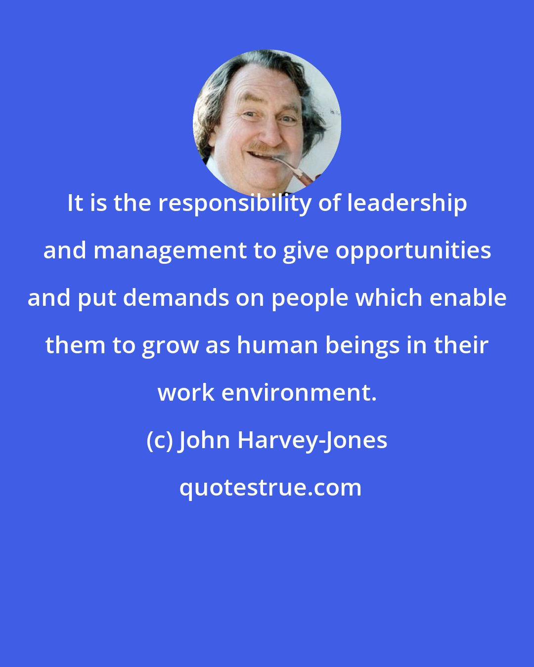 John Harvey-Jones: It is the responsibility of leadership and management to give opportunities and put demands on people which enable them to grow as human beings in their work environment.